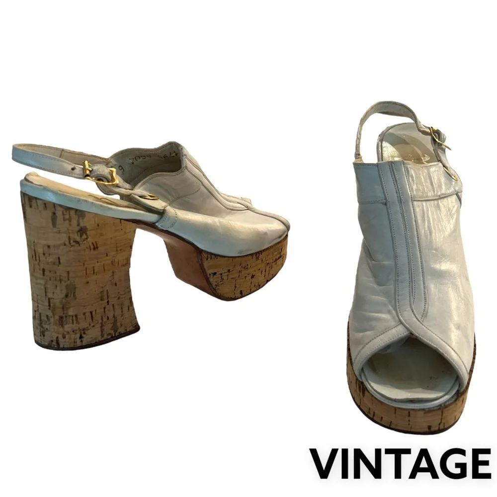 PAVEL Platform Peep-toe Chunky Heels Cork Platform Leather White 6N VINTAGE​